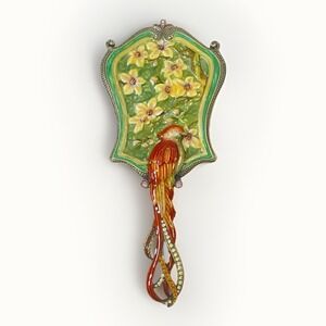 Red Garden Bird Enamel Hand Mirror Mandalay Austrian Crystal w Box 8" Cottage